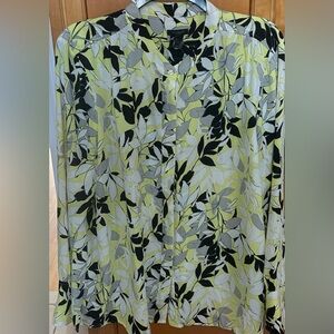 Ann Taylor Factory Long Sleeve Floral Long Sleeve Blouse Top Size XL Gray White